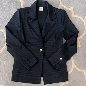 Cabi blazer in black with blue pattern.